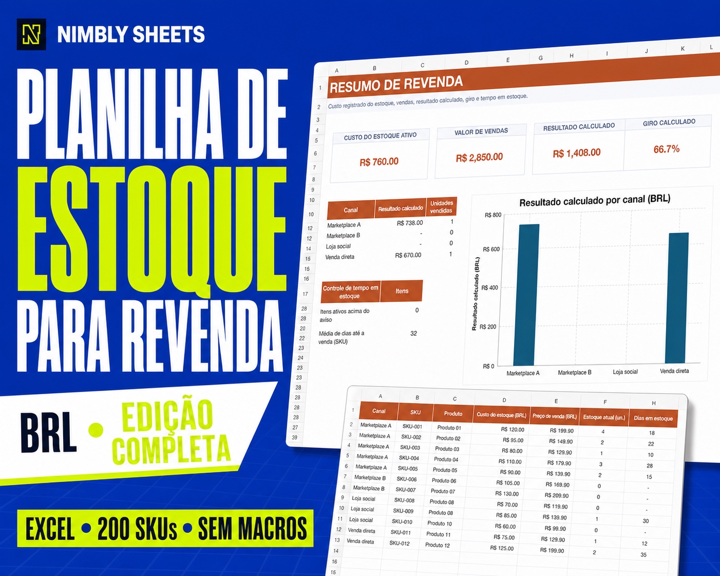 Capa da planilha completa de estoque e revenda em português e BRL