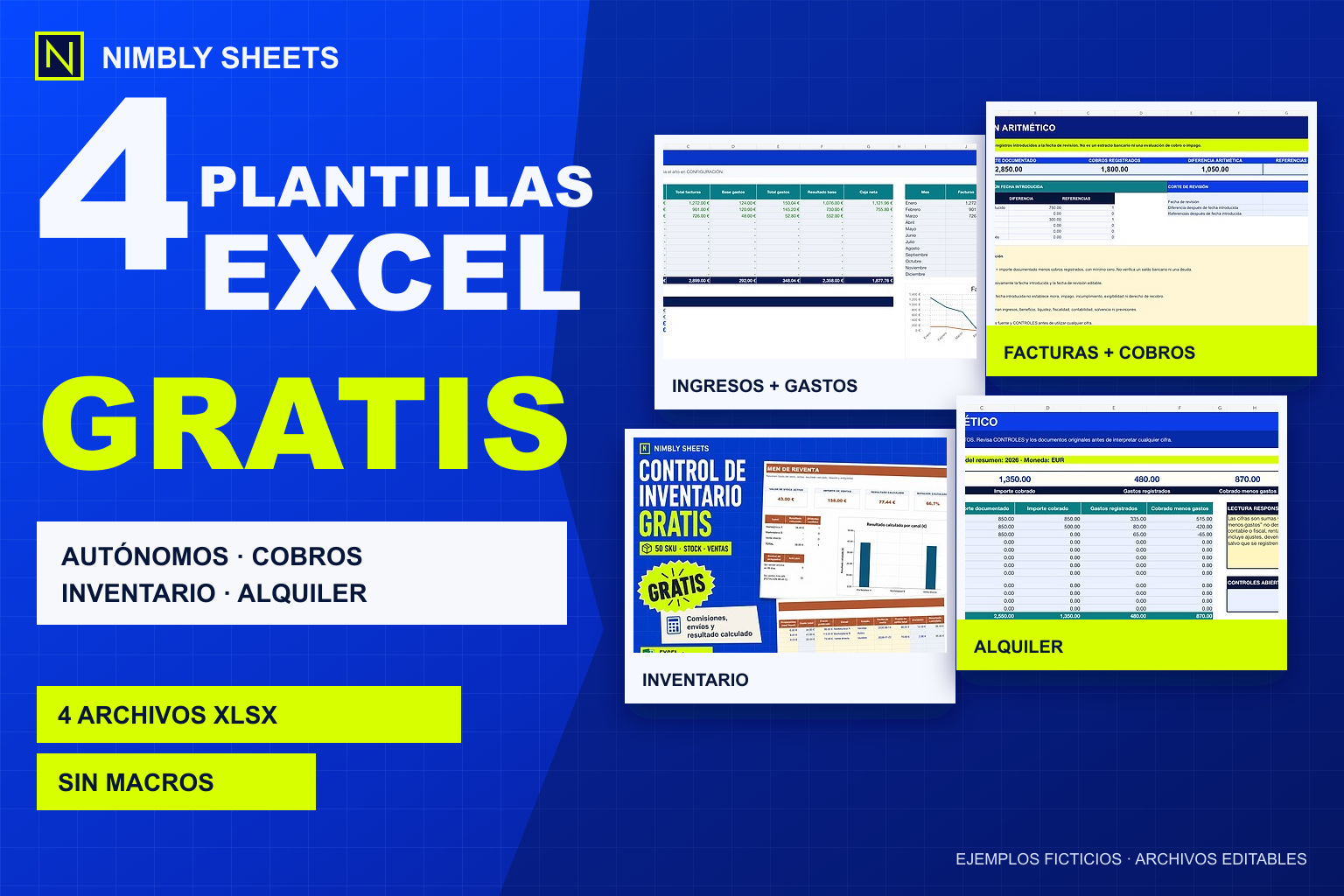 Cuatro plantillas gratuitas para ingresos y gastos, facturas y cobros, inventario y un inmueble
