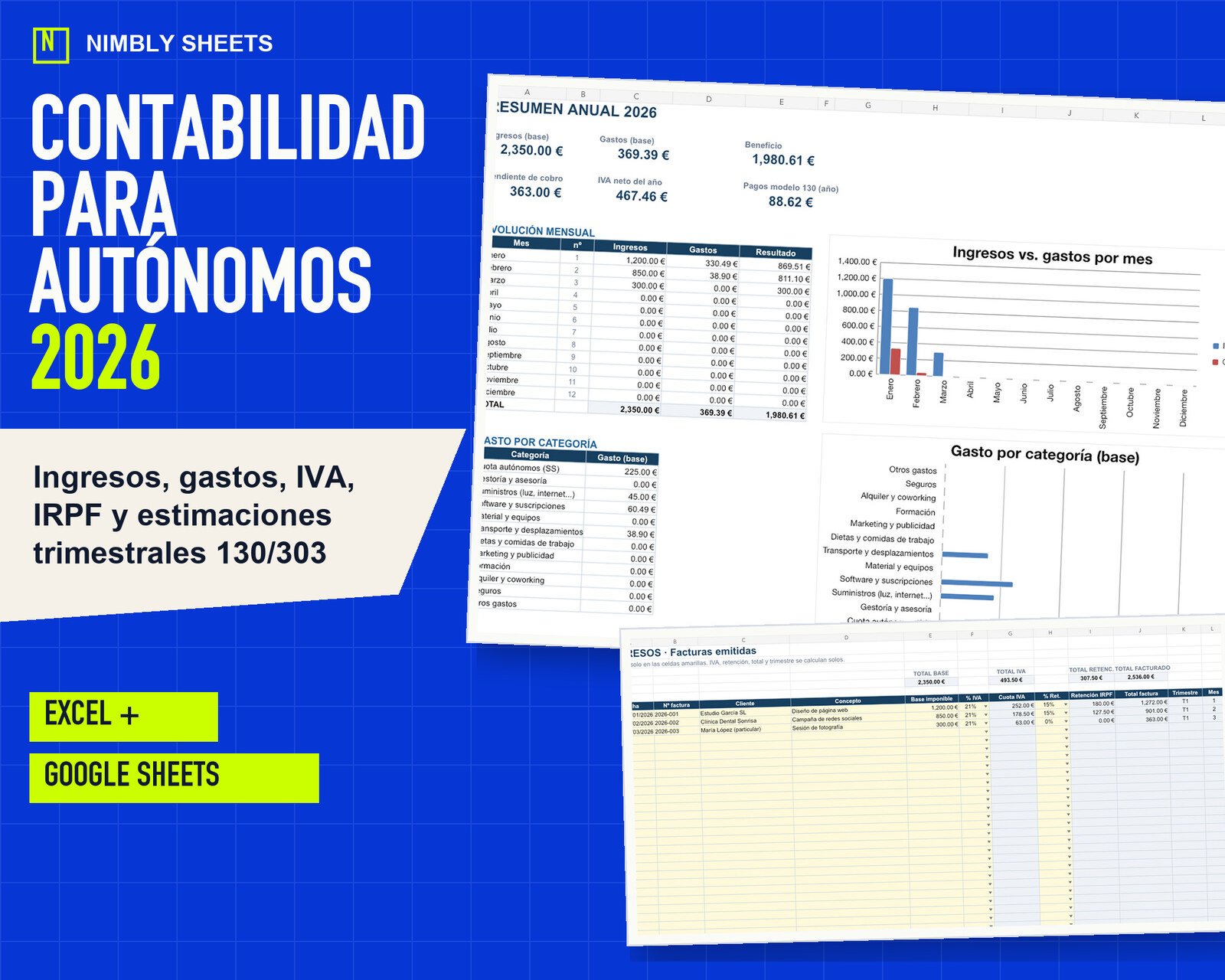 Contabilidad para Autónomos 2026: Organiza ingresos, gastos, IVA, retenciones y estimaciones trimestrales en un archivo editable diseñado para autónomos en España.