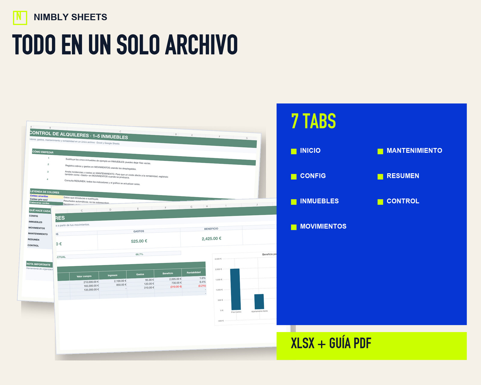 Control de Alquileres para 1 a 5 Inmuebles: files and workbook sections included