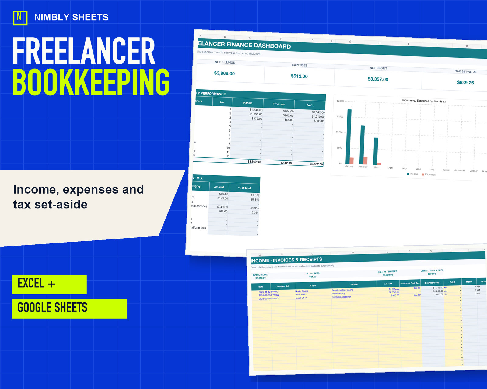 Freelancer Bookkeeping and Tax Set-Aside: Keep income, business expenses, quarterly planning checks and an annual profit dashboard in one editable workbook.