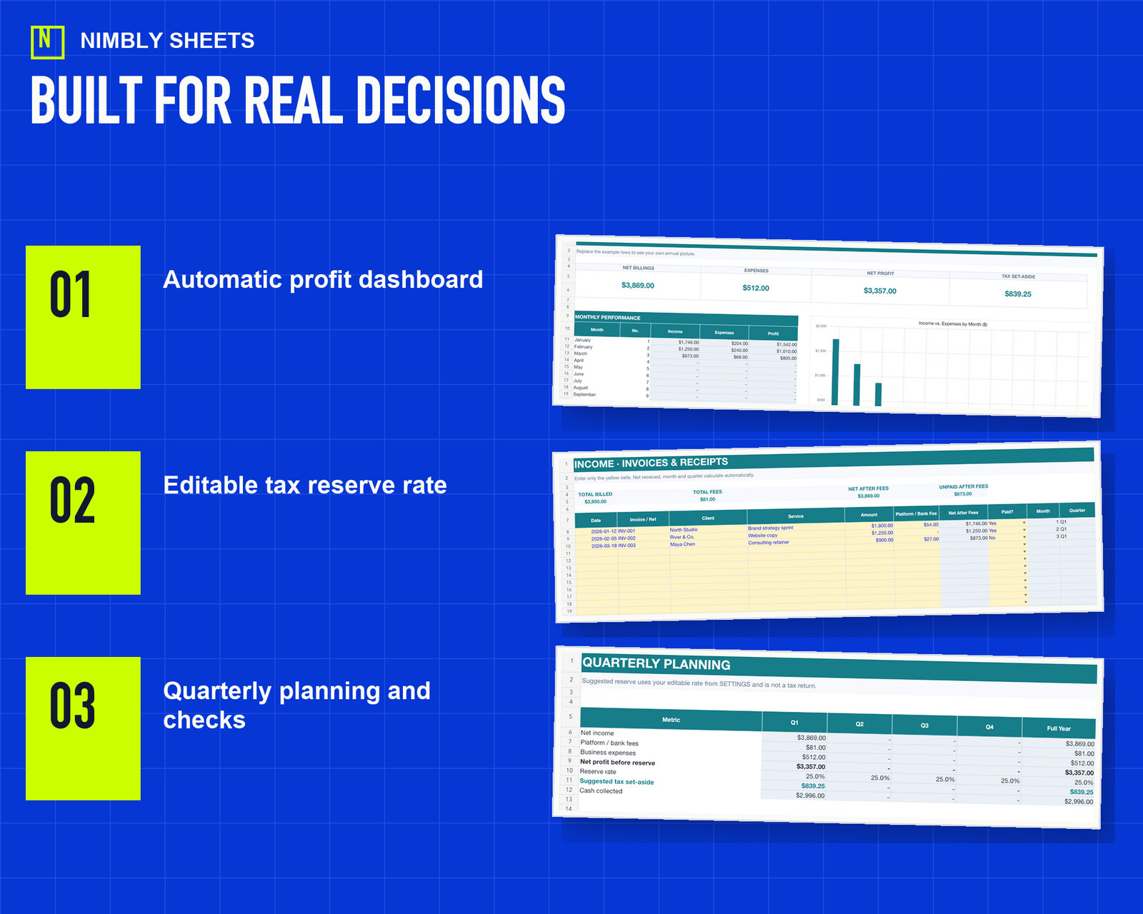Freelancer Bookkeeping and Tax Set-Aside: key features